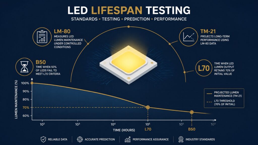 LED lifespan testing standards infographic showing LM-80, TM-21, L70 and B50 metrics with lumen maintenance decay curve