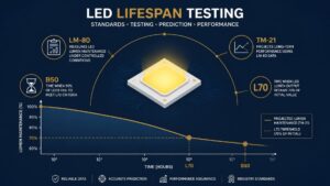 LED lifespan testing standards infographic showing LM-80, TM-21, L70 and B50 metrics with lumen maintenance decay curve