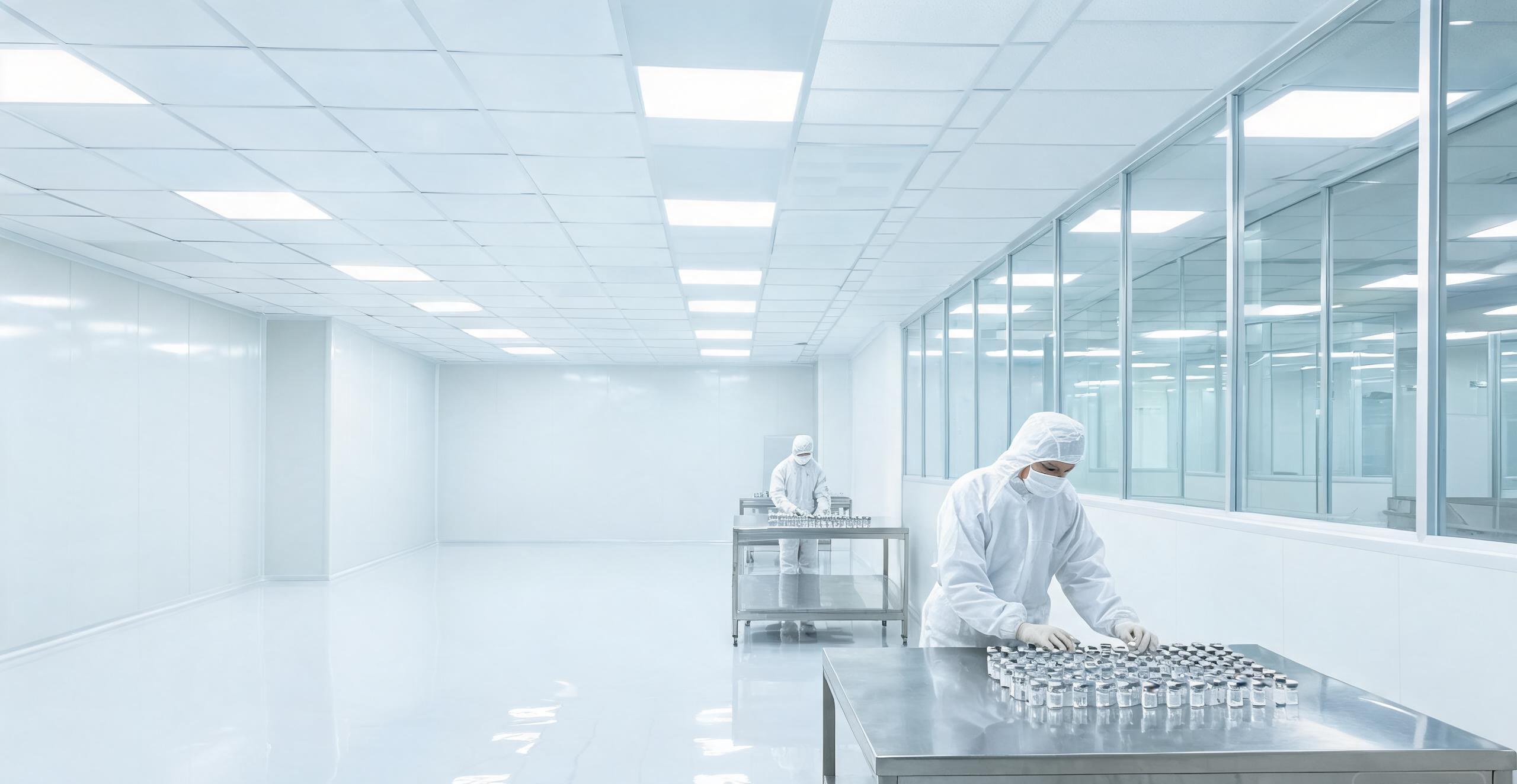 GMP cleanroom ceiling with sealed flush-mount LED panel lights above stainless-steel workstations