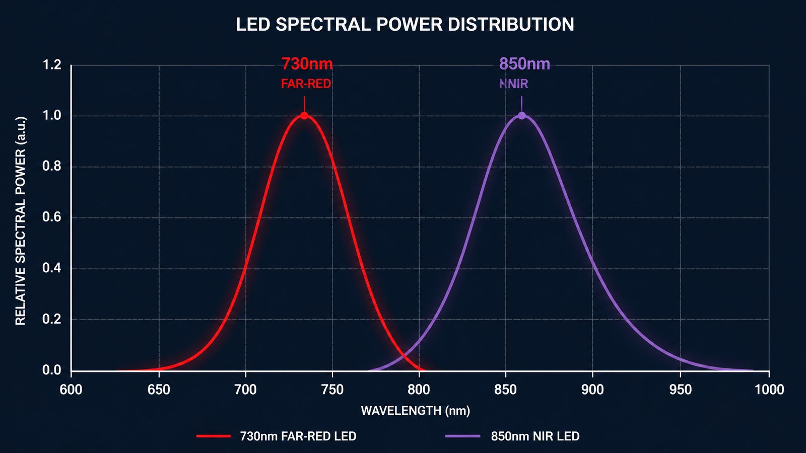 Spectral power distribution comparison of 730 nm far-red and 850 nm near-infrared LED chips for plant growth