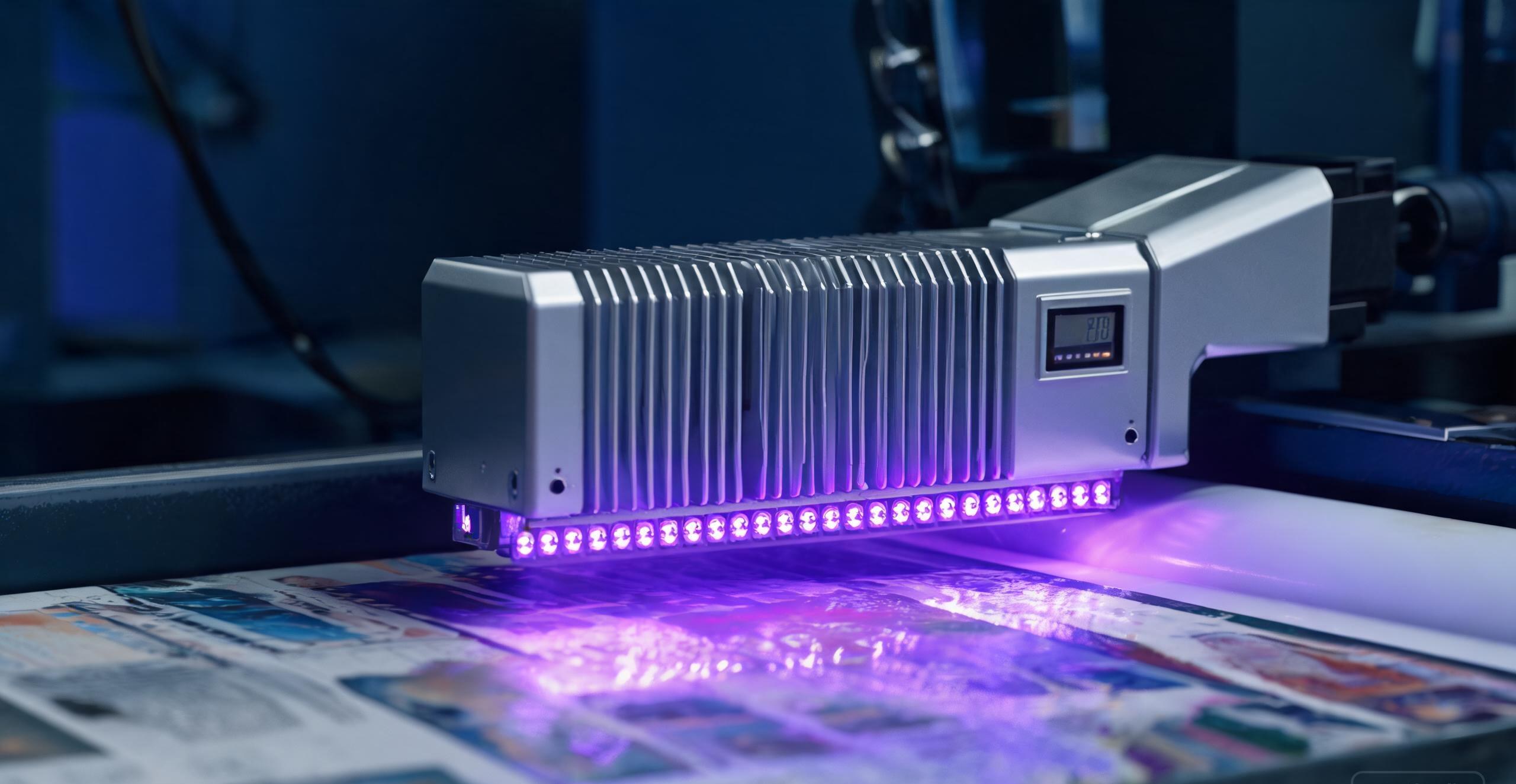 395nm UV LED curing bar emitting violet light over printed web material on an industrial press