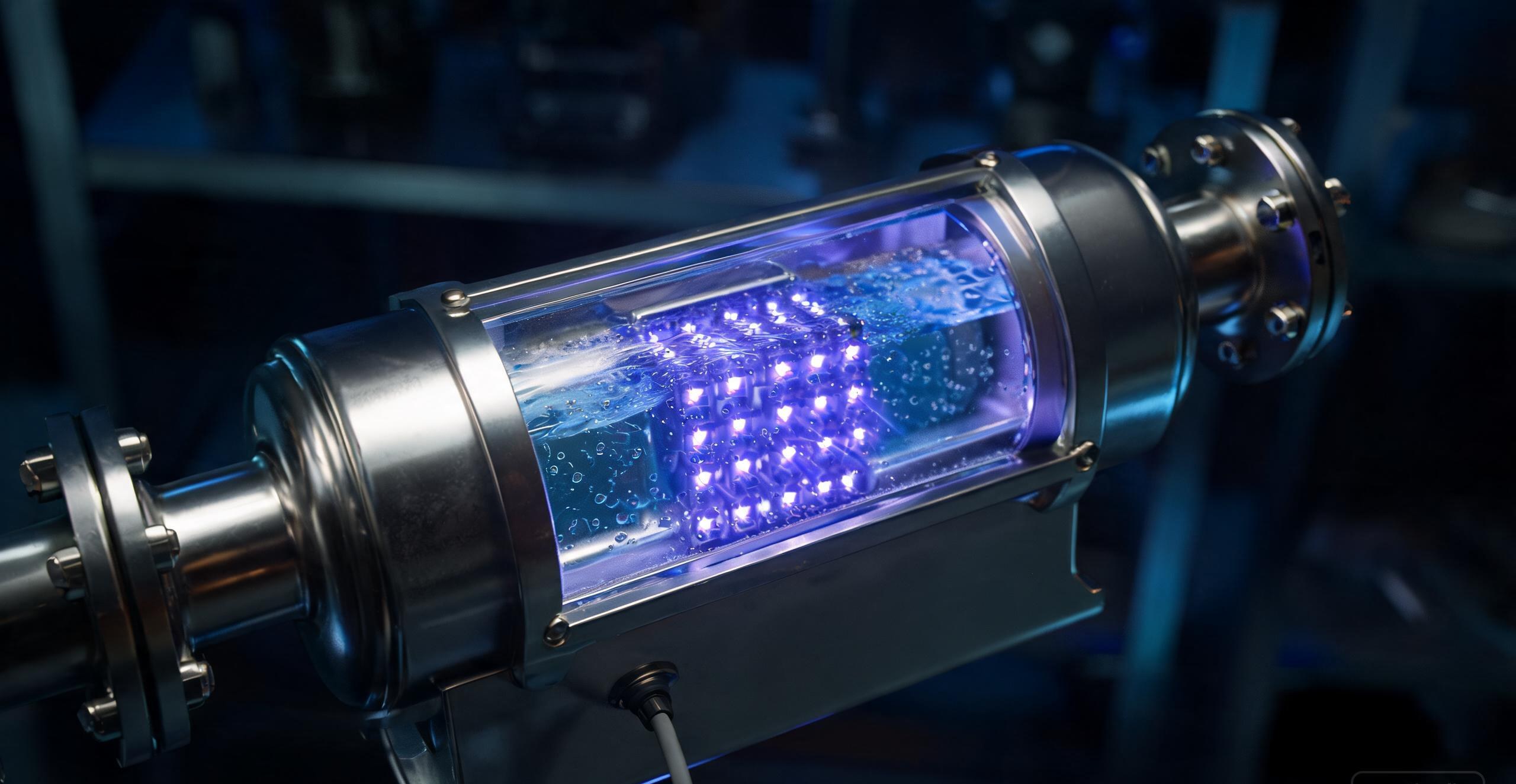 UVC LED water treatment reactor with 275nm emitters glowing inside a stainless-steel flow-through chamber