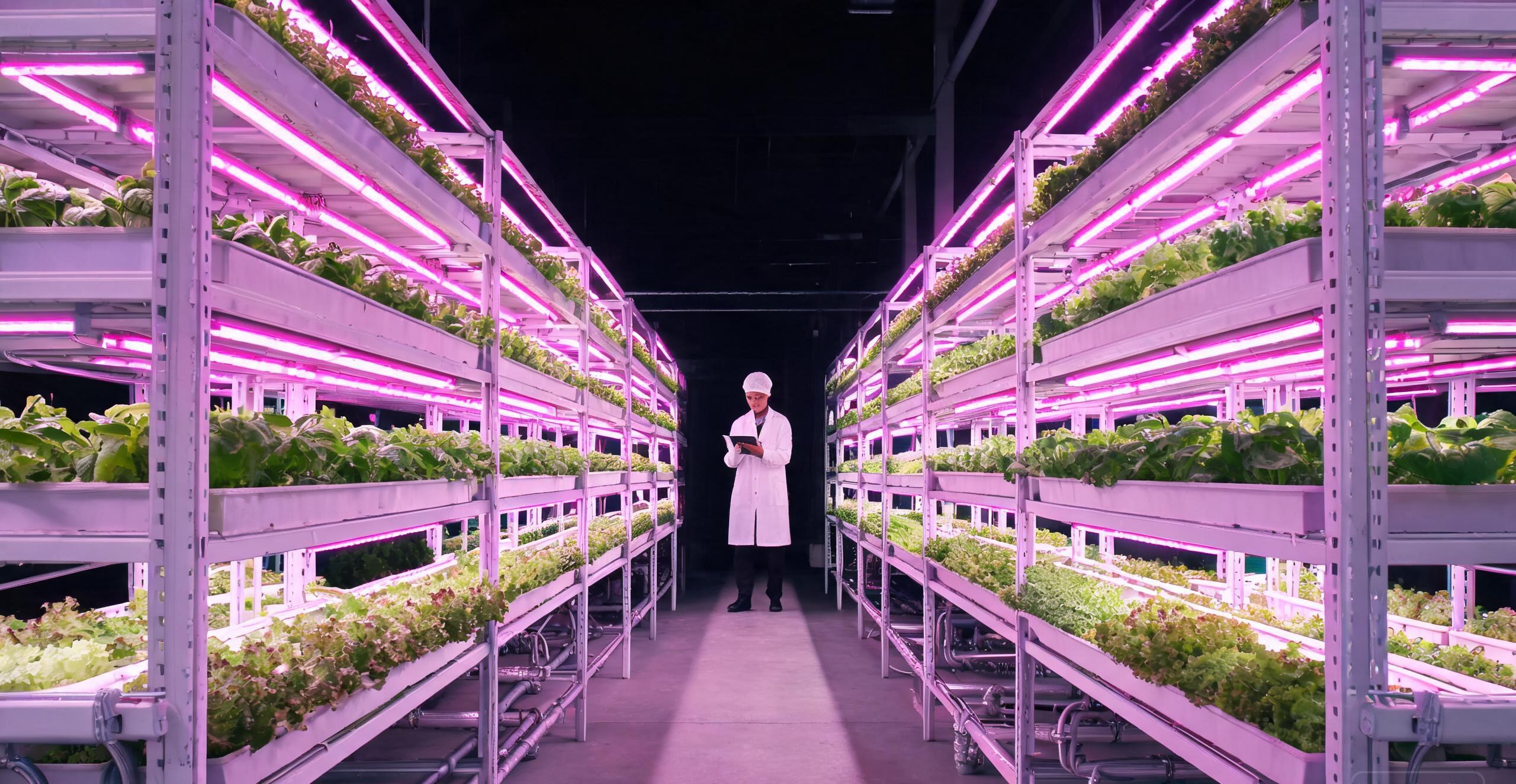 Six-tier vertical farm racks of leafy greens under magenta LED grow light bars